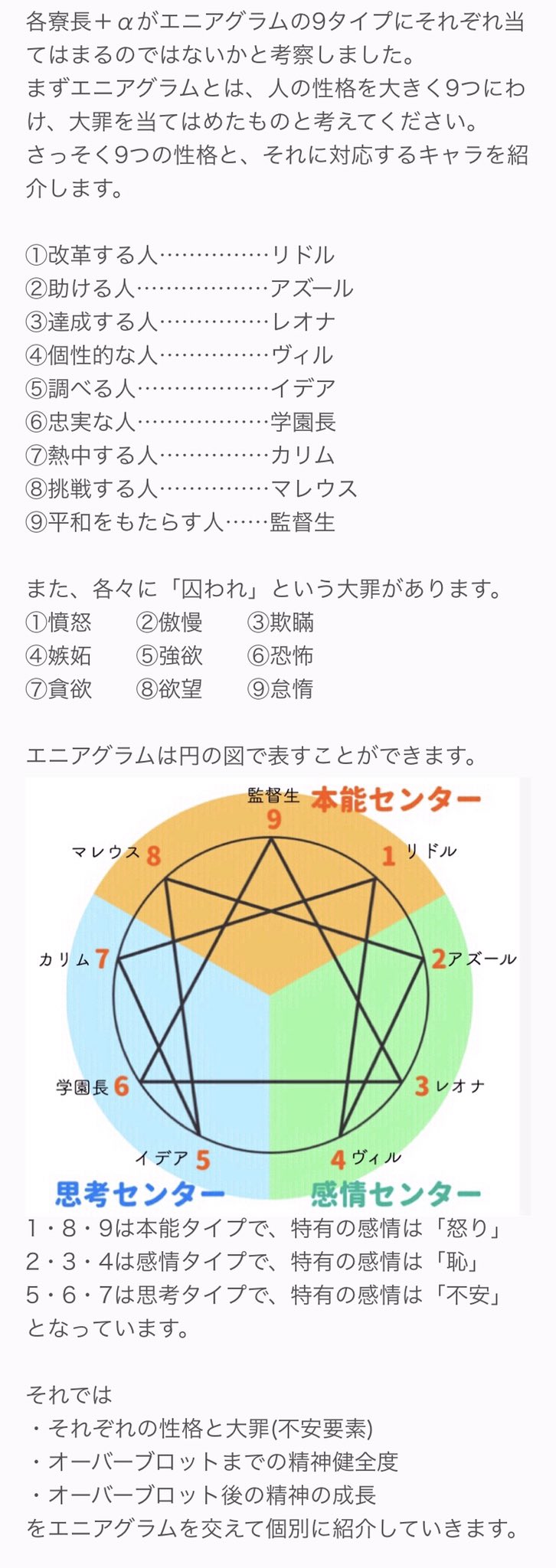 リコ あさなな か5 エニアグラムという性格診断的なものが各寮長 Aに当てはまるのではないかと思い考察してみました 黒い石についても少しですが考察あります 長文ですが暇潰しにでもなれば 精神健全度については画像2を参照してください 各