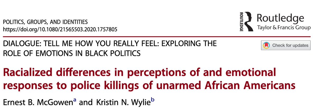 184/ "While the majority of white respondents who read about a white victim blamed the officer (56.0%), white respondents who read a[n identical] story about an African American young man were almost 20 percentage points less likely to fault the officer (37.7%)." ( @ErnestMcGowen)