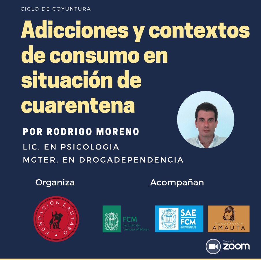 FundaLautaro's tweet photo. El martes 23 de junio, a las 19:30hs, se llevará a cabo una charla de "Adicciones y contextos de consumo en situación de cuarentena" a cargo del Mgter. Rodrigo Moreno. Actividad gratuita con inscripciones aquí 👉https://t.co/81Mm7nG3Bx 
@MedicasUNC https://t.co/rFT2z7Wdrr