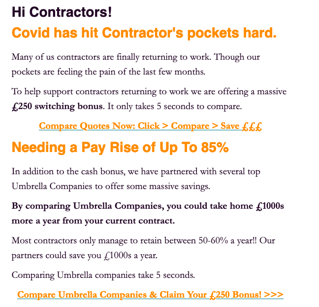 ccmsolutionsltd's tweet photo. @HMRCgovuk Try contacting richard@contractorplanet.co.uk as here is one of his email inducements... https://t.co/kMqHSpNFUk