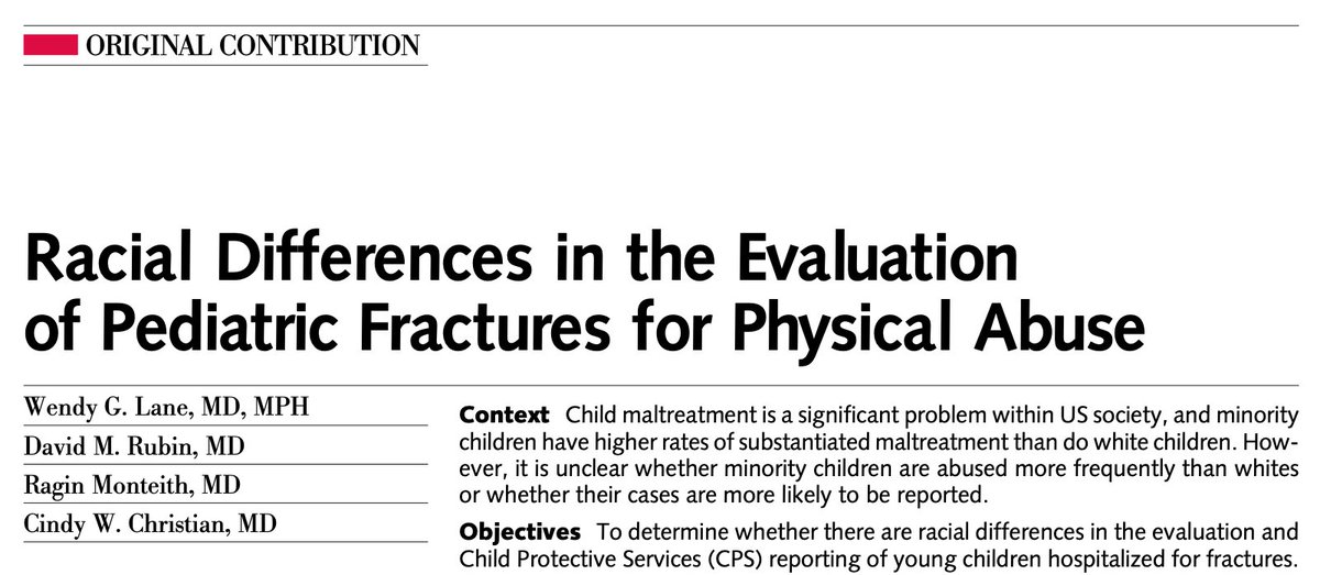 185/ "Although these numbers were small, white children with fractures of indeterminate origin were less likely to be reported to CPS [Child Protective Services]... Differential reporting of abuse to CPS by race was seen among toddlers with accidental and indeterminate injuries."