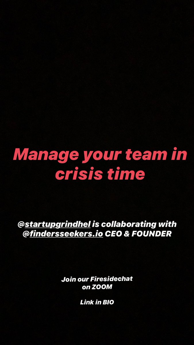 JOIN US !

<a href="/SofiaPohls/">Sofia Pohls</a> <a href="/petraerkkila/">Petra Erkkilä</a> from <a href="/finderstweet/">Finders Seekers 💡 IT recruitment & EB</a> will join us on an #online #firesidechat to discuss team management on CRISIS !

Get your team and reserve a seat for FREE:

⏰Wednesday, 24th June 2020, 5PM-6PM
 📍LINK : bit.ly/2XAe2xm