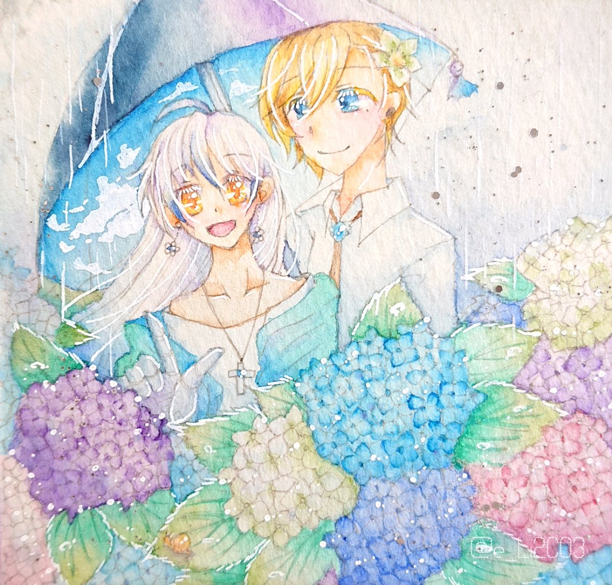 えいな サイバーナイト8 15 22 花と二人 紫陽花と空の傘 ラメのせました 9 9cm 使用画材 ワトソン イラストボード コピックマルチライナー ウォームグレー 透明水彩 ウインザー ニュートン ホルベイン アイシープレミアムホワイト