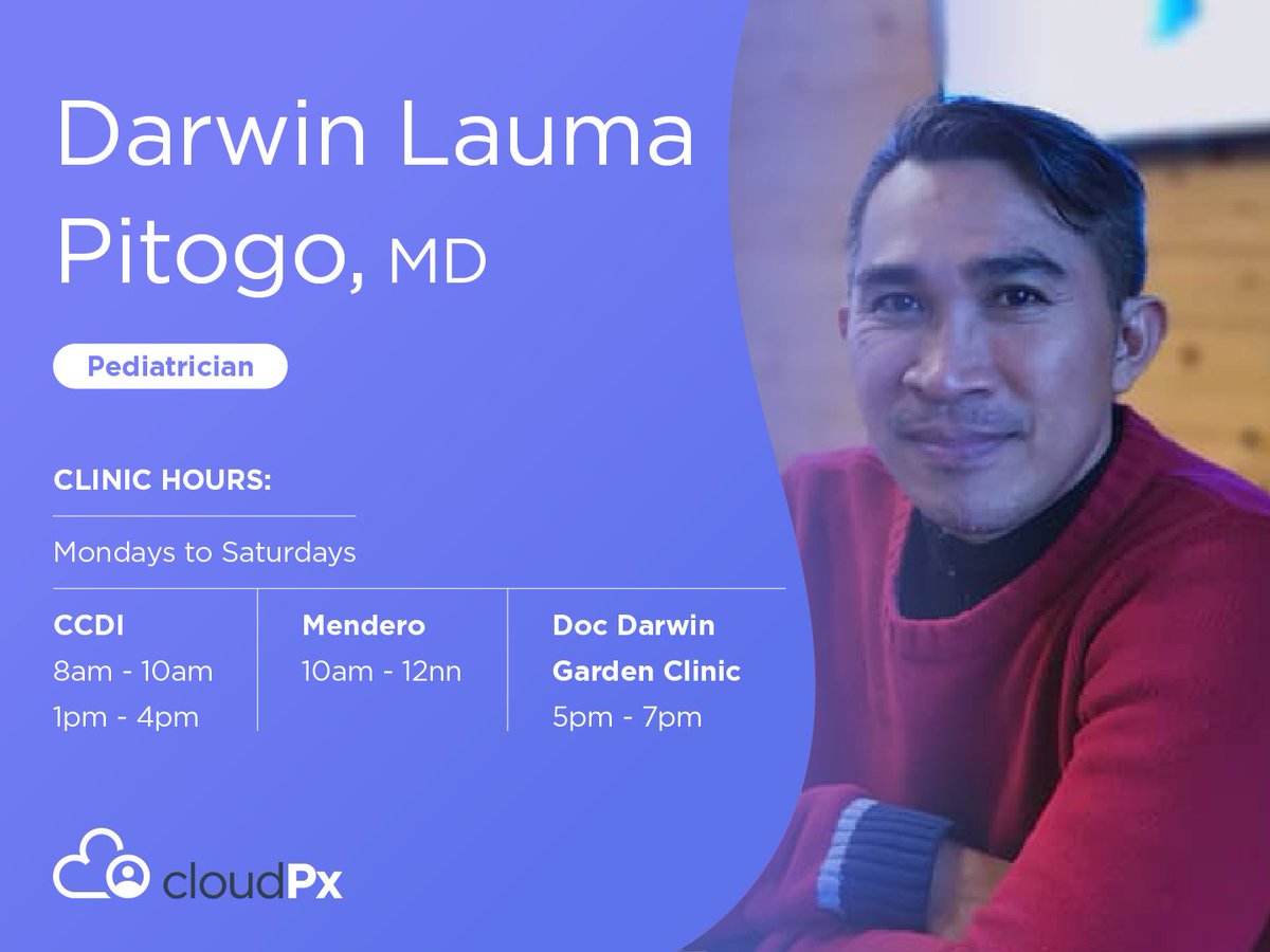 CloudPxSoftware's tweet photo. Dr. Darwin Lauma Pitogo is one of our Pediatricians on CloudPx. To book an appointment with Dr. Pitogo, please log in to you account or sign up here: https://t.co/8KeJI2zDCj

#TeleMedicine #TeleMedicinePH #CloudPx https://t.co/ilAqBTGlpD