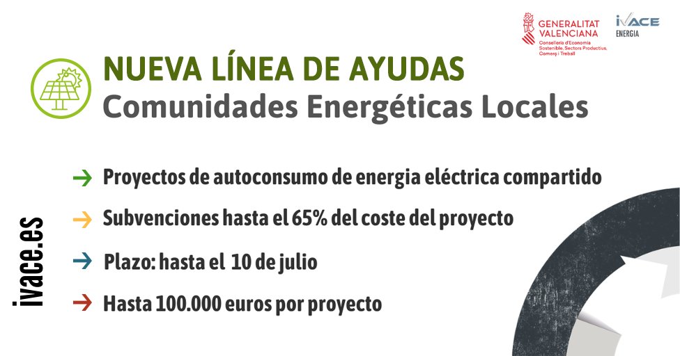 Redit_es's tweet photo. Nueva línea de ayudas del @GVAivace para #comunidadesenergéticas locales
#proyectoGAMMA @itenergia 
👉Más Info: https://t.co/6LmQxjLvcd https://t.co/TKmKWJ7Dio
