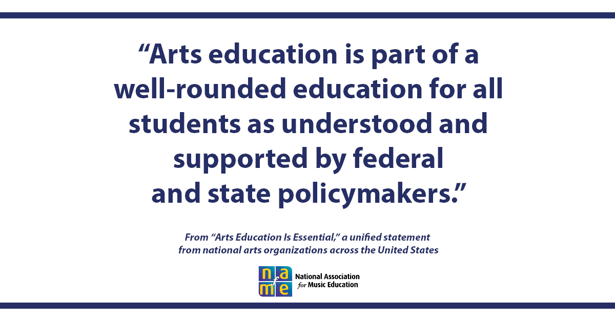 As defined in #ESSA, “music and the arts” are part of a well-rounded education. Every state in the nation recognizes the importance of the arts as reflected in rigorous PreK-12 state arts standards. bit.ly/ArtsEdIsEssent… #ArtsEdIsEssential