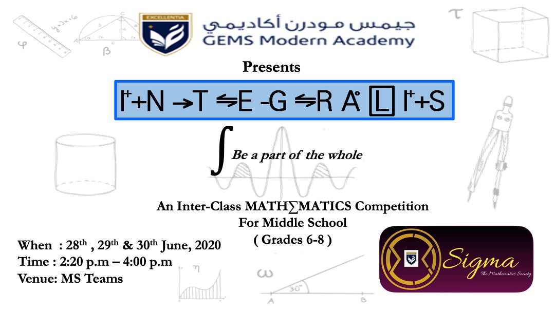 Sigma Mathematics Society GMA (@gmasigma) on Twitter photo Sigma is REALLY excited to announce Integralis, an inter-class math competition for the Middle School! If you want a challenge, or if you're just plain curious, do participate! To sign up, talk to your respective math teachers.
<a href="/KNargish/">Nargish Khambatta</a> <a href="/DxbModern/">GEMS Modern Academy</a> <a href="/JohnGomes24/">John Maxwell Gomes</a> <a href="/juliana_294/">HakkaLad¥</a> Sigma is REALLY excited to announce Integralis, an inter-class math competition for the Middle School! If you want a challenge, or if you're just plain curious, do participate! To sign up, talk to your respective math teachers.
<a href="/KNargish/">Nargish Khambatta</a> <a href="/DxbModern/">GEMS Modern Academy</a> <a href="/JohnGomes24/">John Maxwell Gomes</a> <a href="/juliana_294/">HakkaLad¥</a>