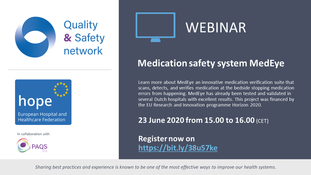 PAQSASBL's tweet photo. ๐ Are you already registered for the next Quality & Safety network webinar?
Join us on 23 June: https://t.co/OZMNZRmejY
#PatientSafety #Healthcare #MedEye #MedicationSafety #medication
@euhospitals @MedeyeUK @MedEyeNL https://t.co/DKH2ikVeGG