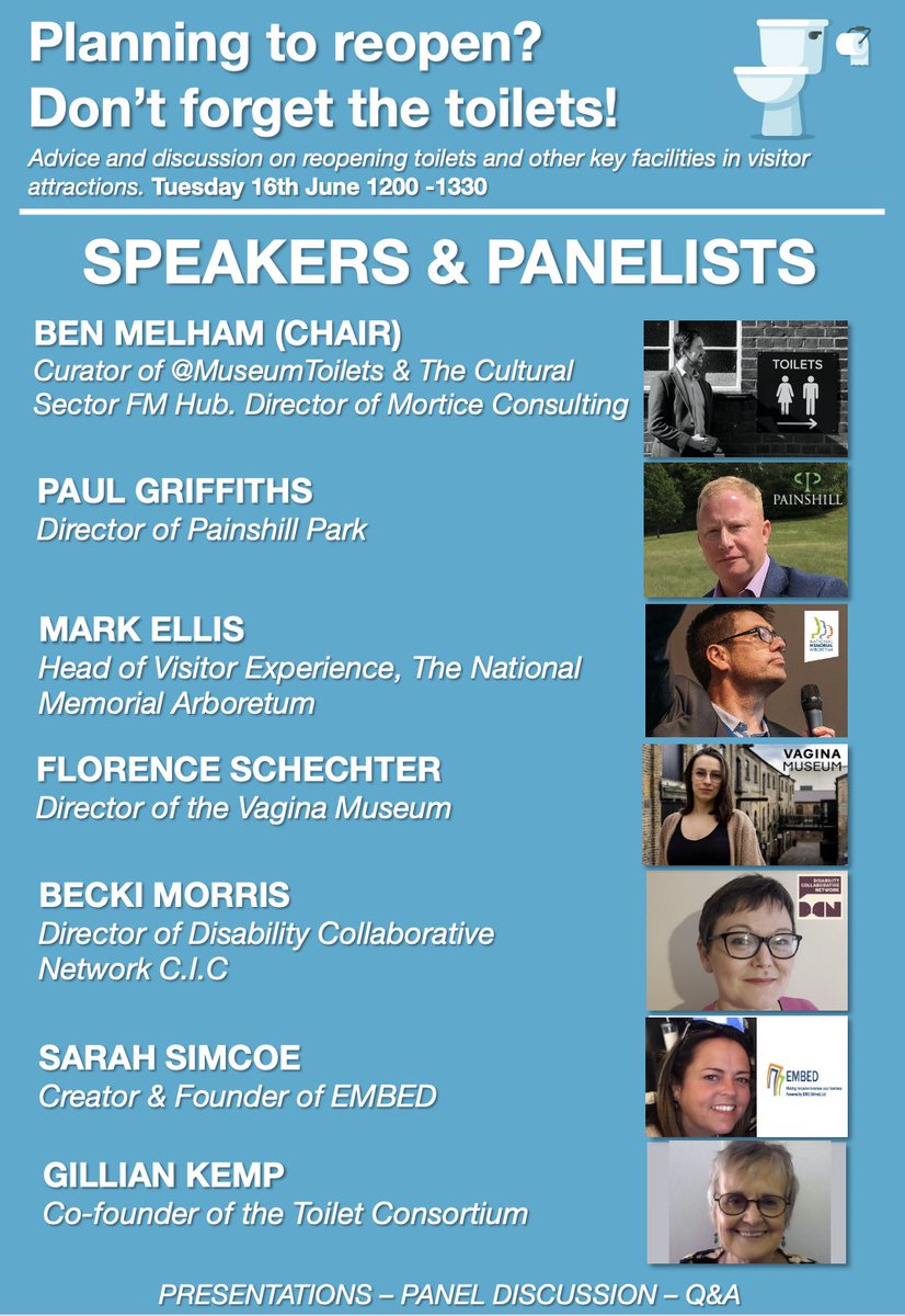 An amazing line up of speakers for tomorrow’s free to attend 🚽 webinar👇. <a href="/Benmelham/">Ben Melham</a> of <a href="/MuseumToilets/">MuseumToilets🏛🚽</a> <a href="/CultureFMHub/">The Cultural Sector FM Hub</a> &amp; <a href="/MorticeConsult/">Mortice Consulting</a>, @PGriffiths_PHP of <a href="/Painshill/">Painshill</a>, <a href="/MJ_Ellis/">Mark Ellis</a> of <a href="/Nat_Mem_Arb/">National Memorial Arboretum</a>, <a href="/floschechter/">Florence Schechter</a> of <a href="/vagina_museum/">Vagina Museum</a>, <a href="/BecksM36/">Becki Morris (she/her)</a> of <a href="/museumDCN/">Museums DCN</a>, @SarahSimcoe of @EMBED_Org