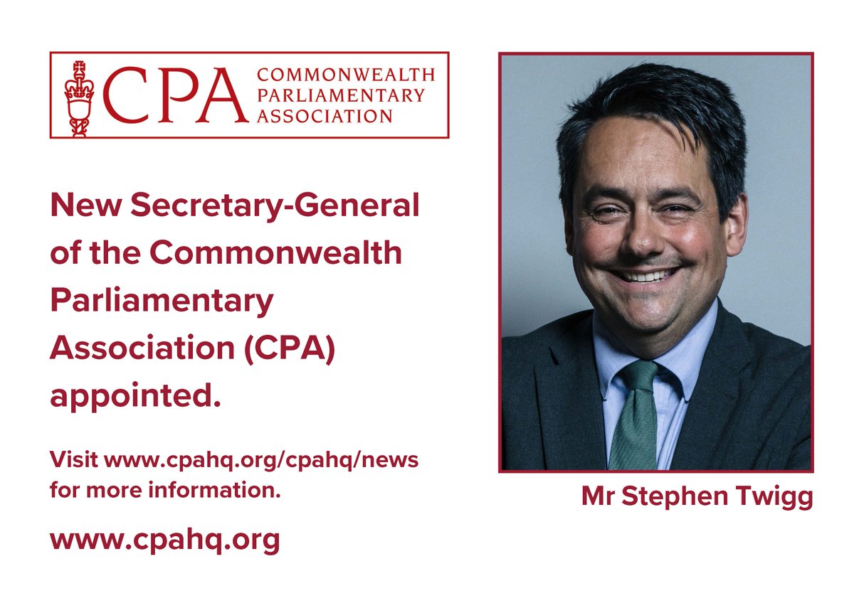 Commonwealth Parliamentary Association (CPA) HQ (@cpa_secretariat) on Twitter photo New #Commonwealth Parliamentary Association <a href="/CPA_Secretariat/">Commonwealth Parliamentary Association (CPA) HQ</a> Secretary-General appointed – former Parliamentarian <a href="/StephenTwigg/">Stephen Twigg</a> becomes CPA Secretary-General promoting parliamentary #democracy & supporting 17,000 MPs & staff in 180 Parliaments - see link: tinyurl.com/ybqhsfvw New #Commonwealth Parliamentary Association <a href="/CPA_Secretariat/">Commonwealth Parliamentary Association (CPA) HQ</a> Secretary-General appointed – former Parliamentarian <a href="/StephenTwigg/">Stephen Twigg</a> becomes CPA Secretary-General promoting parliamentary #democracy & supporting 17,000 MPs & staff in 180 Parliaments - see link: tinyurl.com/ybqhsfvw
