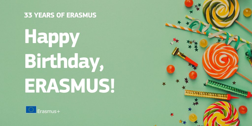 Happy birthday, #Erasmus! 🥳🇪🇺

Over the past 33 years, #Erasmus has changed the lives of more than 10 million Europeans, broadening horizons, bringing new opportunities &amp; forging unbreakable bonds.

Erasmus opens minds. And we intend to continue for many more decades to come! 😃