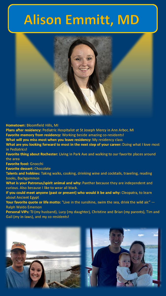 PedsUrmc's tweet photo. Let's start off the week celebrating graduating resident Dr. Alison Emmitt! Continue to do great things in MI #ForTheKids! #GCH #URMC #Graduation2020 #ResidencyGraduation2020 #NewPediatricians #PedsHeroes #WomenInMedicine https://t.co/VGYzThLcNH