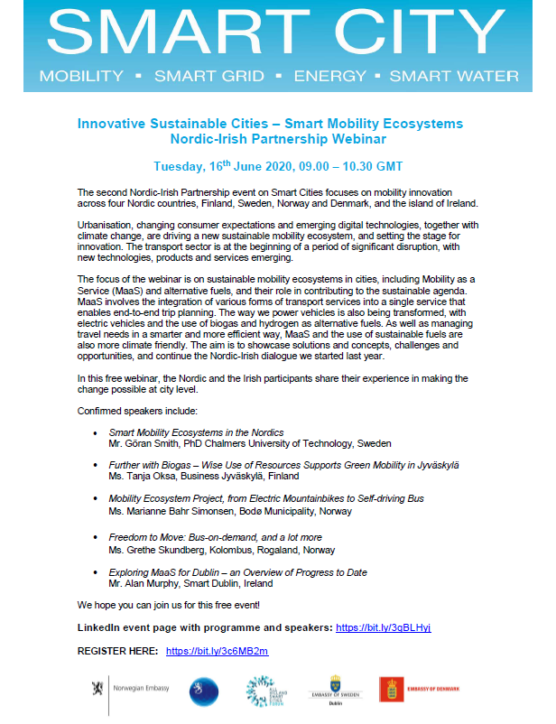 SMARTCITIESIRELAND (@smart_cities_i) on Twitter photo See you tomorrow at 9am at the @smartmobility ecosystems webminar.
If you haven't registered yet, click here!
bit.ly/3c6MB2m
#smartmobility
#NordicSmartIreland
@NorwayinIreland <a href="/dkinireland/">Denmark in Ireland</a> <a href="/BusinessSweIE/">Business Sweden IE</a> <a href="/smartdublin/">SmartDublin</a> <a href="/SmartCork/">Cork Smart Gateway</a> <a href="/Smart_Limerick/">Smart Limerick</a> <a href="/waterfordsmart/">smartwaterfordcity</a> See you tomorrow at 9am at the @smartmobility ecosystems webminar.
If you haven't registered yet, click here!
bit.ly/3c6MB2m
#smartmobility
#NordicSmartIreland
@NorwayinIreland <a href="/dkinireland/">Denmark in Ireland</a> <a href="/BusinessSweIE/">Business Sweden IE</a> <a href="/smartdublin/">SmartDublin</a> <a href="/SmartCork/">Cork Smart Gateway</a> <a href="/Smart_Limerick/">Smart Limerick</a> <a href="/waterfordsmart/">smartwaterfordcity</a>