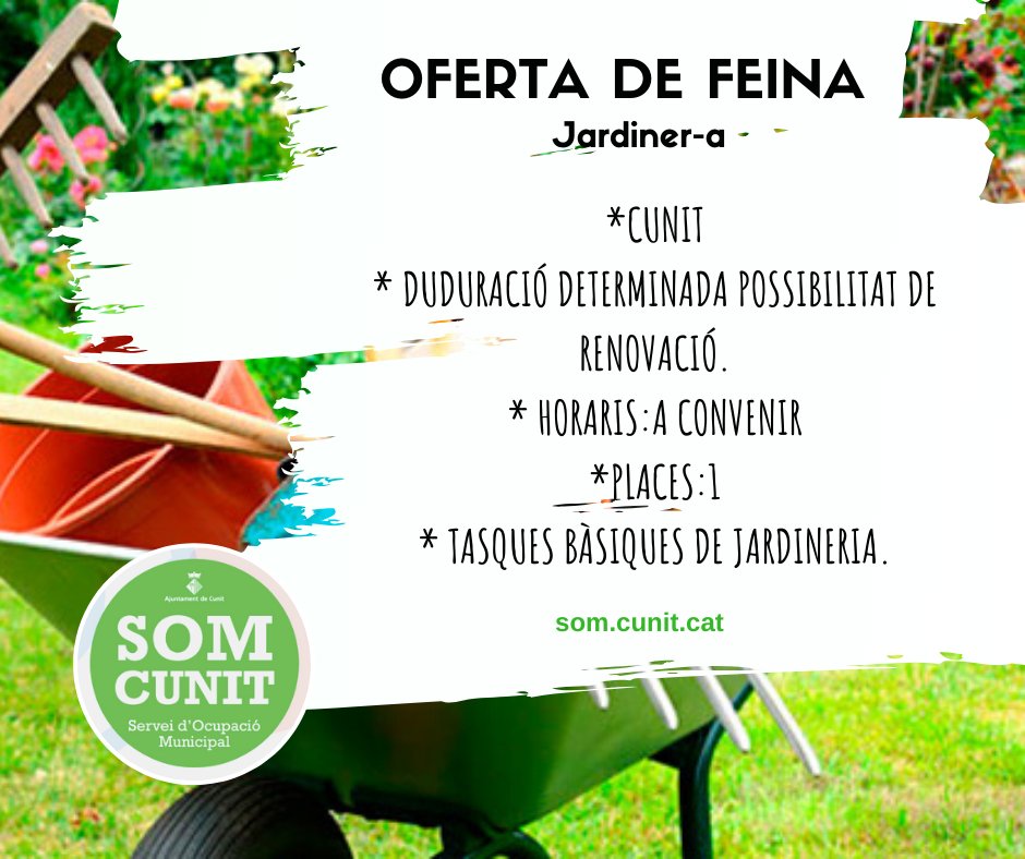 SOMCunit's tweet image. 📌 Nova oferta de feina Urgent: Jardiner/-a -  (ref.348)
📑 1 any d'experiència 
📍Cunit
⌚️ A convenir
💶 A convenir
+INFO: som.cunit.cat/ocupacio/borsa…
#somcunit #cunit