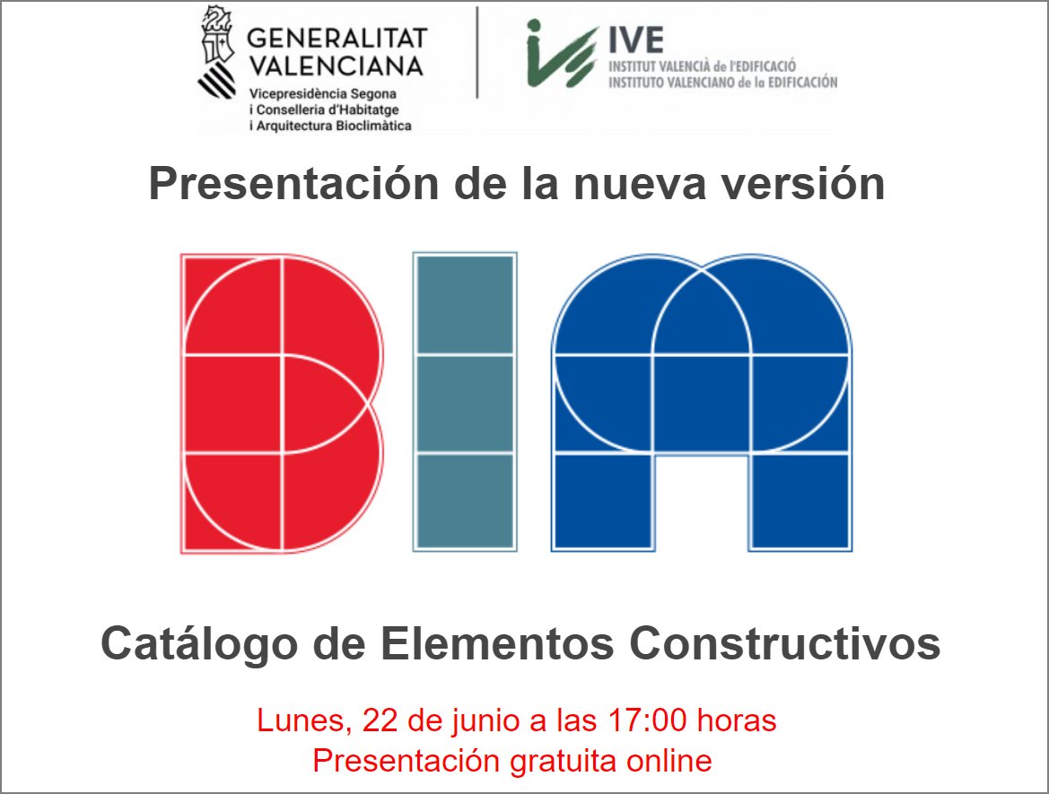 Alberto Cerdan (@acercas) on Twitter photo Presentación de la nueva versión #BIM del Catálogo de Elementos Constructivos del <a href="/Fundacion_IVE/">IVE | Instituto Valenciano de la Edificación</a> el próximo 22 de Junio a las 17.00 horas.
five.es/?wysija-page=1… Presentación de la nueva versión #BIM del Catálogo de Elementos Constructivos del <a href="/Fundacion_IVE/">IVE | Instituto Valenciano de la Edificación</a> el próximo 22 de Junio a las 17.00 horas.
five.es/?wysija-page=1…