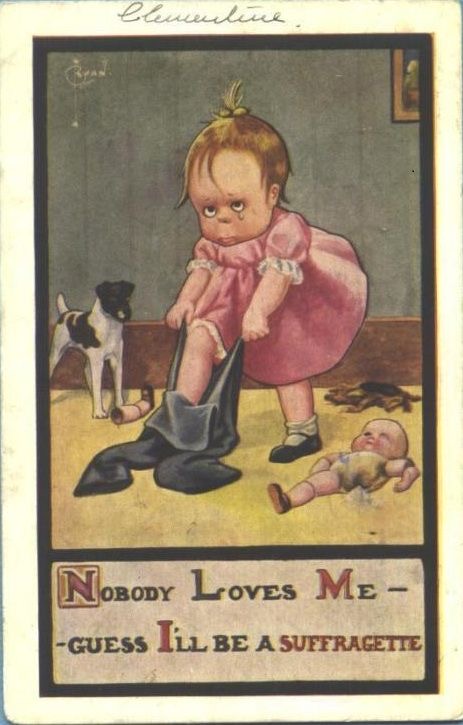 Suffragettes are shown time and time again as childlike and hot-headed. They are often painted as wanting to vote because they haven't received enough attention from men, or just generally as attention-seekers who are fabricating an issue for attention. Ring any bells? 10/