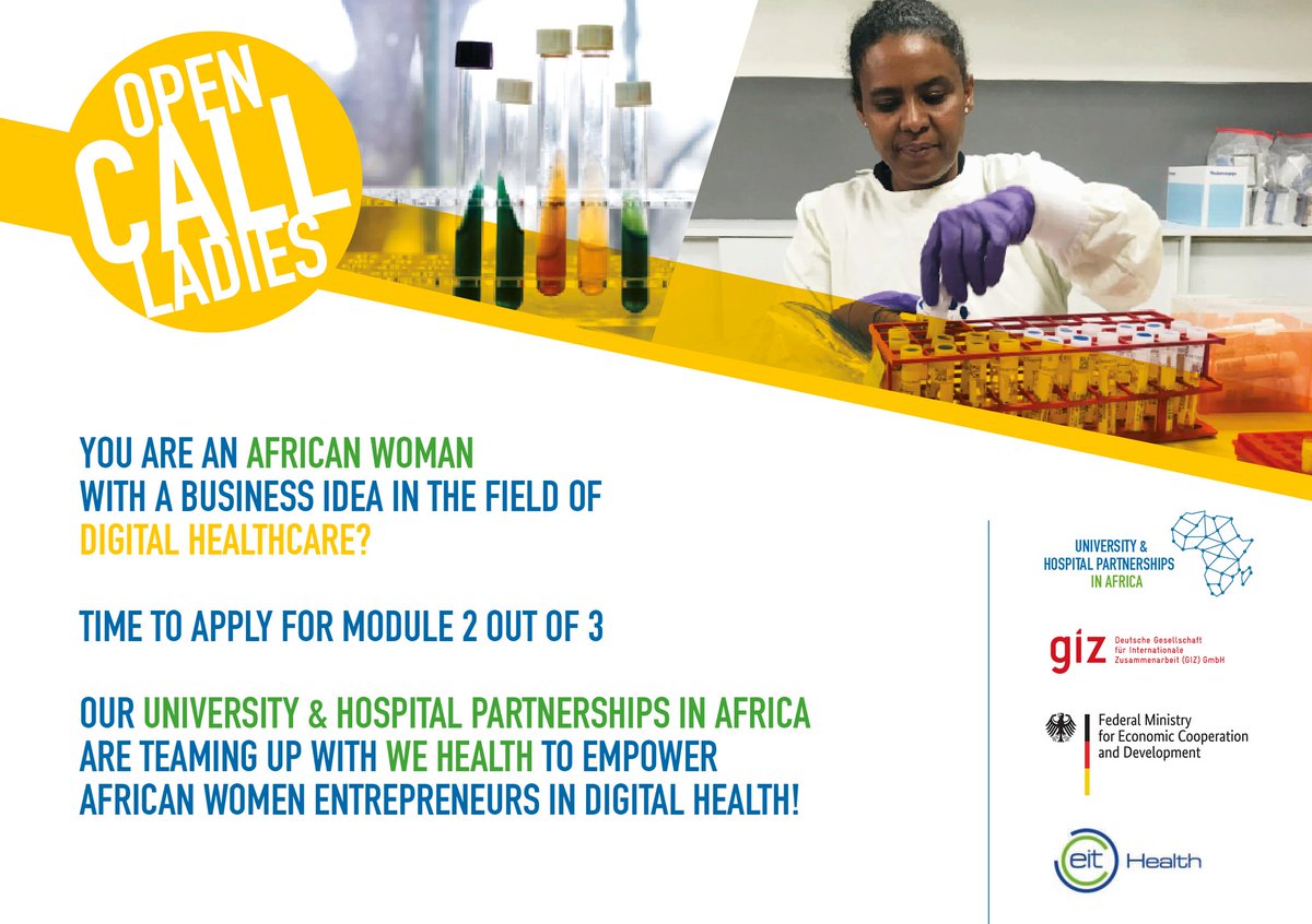Are you an African woman engaged in Digital Healthcare? Then, don't miss! Relevant also for #Rwanda, especially in times of #COVID__19! 
<a href="/BMZ_Bund/">Bundesentwicklungsministerium</a> <a href="/giz_gmbh/">GIZ</a> <a href="/EITHealth/">EIT Health</a> <a href="/DigiCenterRW/">Digital Transformation Center Rwanda</a> <a href="/RwandaICT/">Ministry of ICT and Innovation | Rwanda</a> <a href="/RwandaHealth/">Ministry of Health | Rwanda</a> <a href="/RISARwanda/">Rwanda Information Society Authority</a> <a href="/rwictchamber/">Rwanda ICT Chamber</a> #RwoT #LeaveNoOneBehind #DigitalTransformation