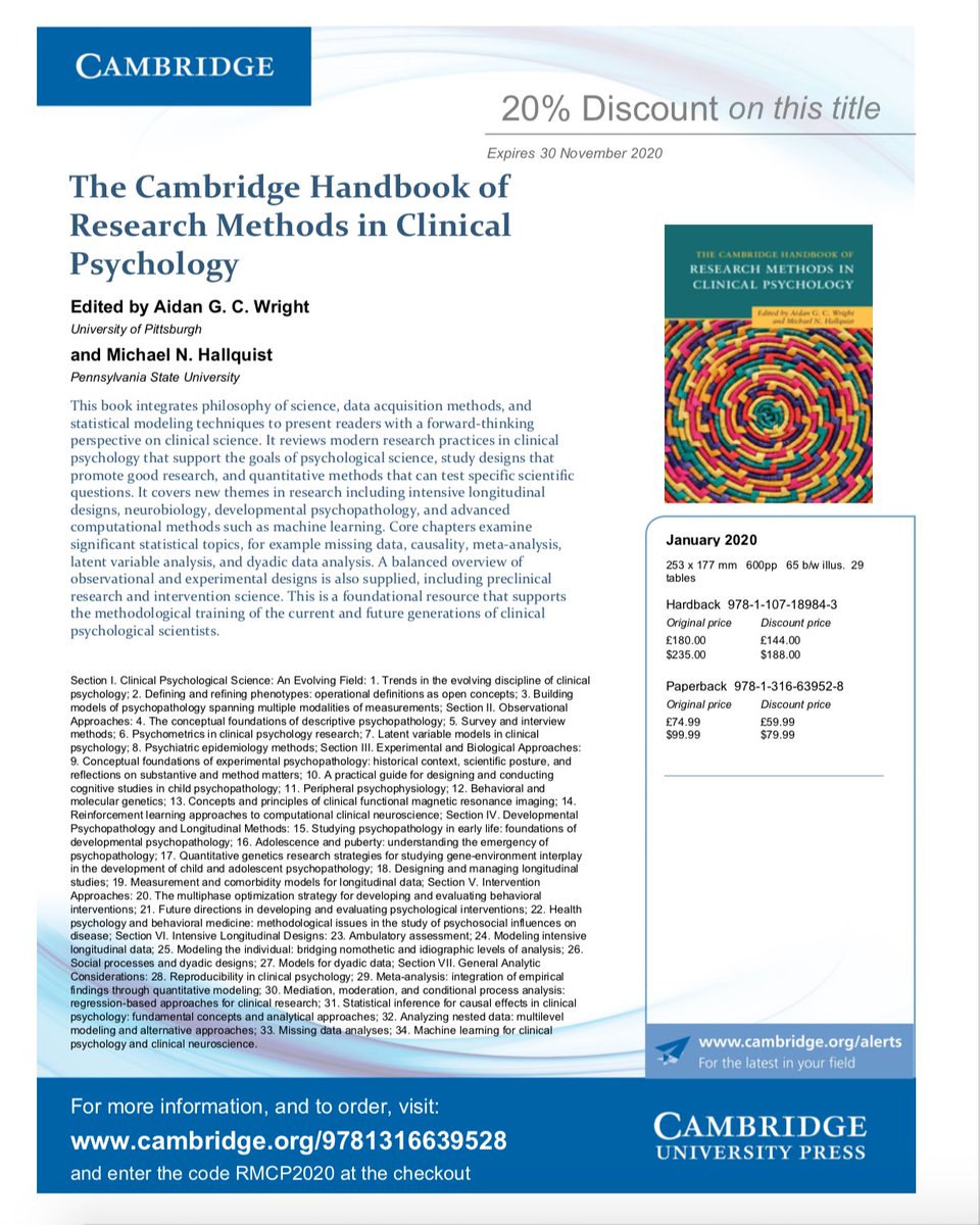 I'm very happy to announce the new Cambridge Handbook of Research Methods in Clinical Psychology co-edited with Michael Hallquist (soon to start at UNC-Chapel Hill). With everything that's happened over the last 2+ weeks, I totally forgot this came out.1/6