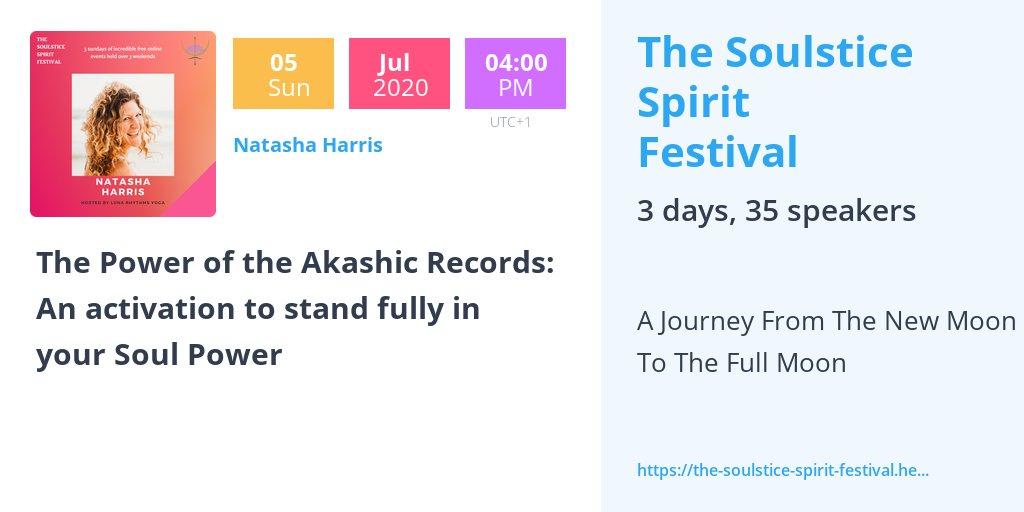 Excited to be speaking at The Soulstice Spirit Festival! I will guiding you through a powerful Akashic Activation to Stand in your Soul Power

Check it out at …ulstice-spirit-festival.heysummit.com/?sc=0qlh39gU

RT if you think others will love to join
#thesoulsticespiritfestival #AkashicRecords #SoulPower