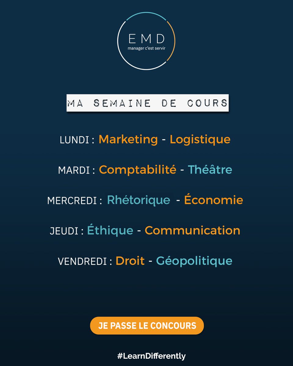 [LEARN ≠]
Découvrez une semaine "type" de cours d'un élève à l'EMD.

Une solide formation basée sur le développement des savoirs professionnels et humains.

Quelle est la journée qui vous donne le plus envie ?

#BusinssForGood #LearnDifferently #SchoolofBusiness