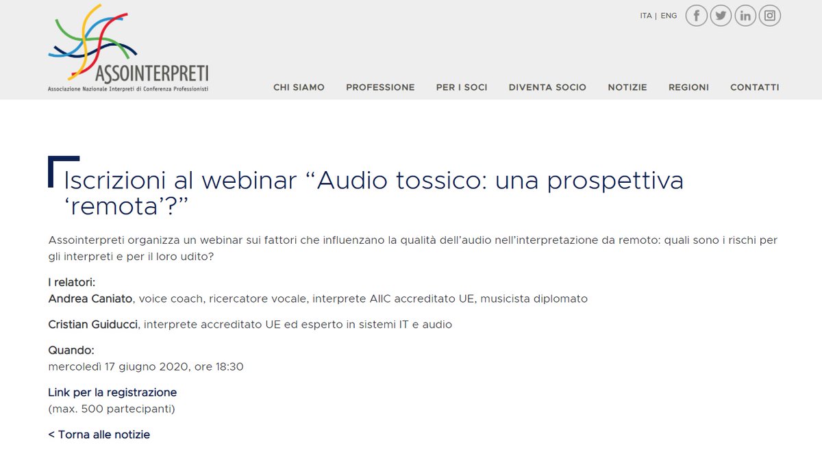 #SAVETHEDATE: merc 17 giugno alle 18,30 Assointerpreti organizza il webinar "Audio tossico: una prospettiva 'remota'?" con Andrea Caniato @aiiconline e Cristian Guiducci, aperto a tutti i colleghi interpreti. Qui il link per iscrivervi: assointerpreti.it/notizie-nazion… #RSI #1nt #CPD