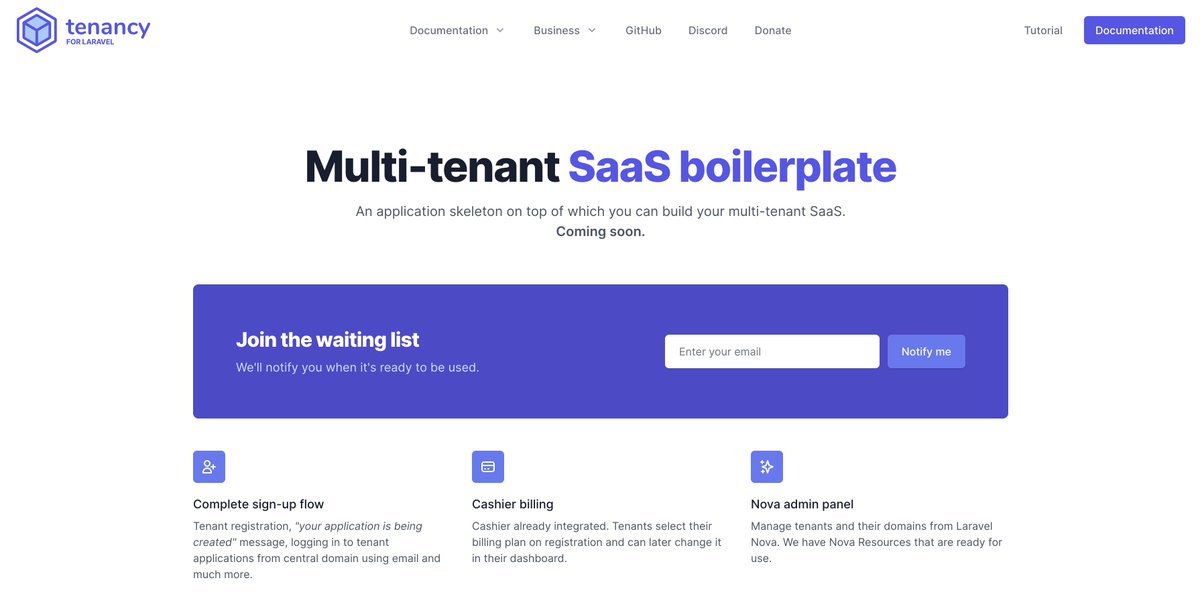 samuelstancl's tweet image. 🚀 With v3 of #tenancyforlaravel mostly complete, the multi-tenant SaaS boilerplate for Laravel is the focus now.
An application skeleton for multi-tenant SaaS applications, with tenant onboarding flow, billing, Nova admin panel and much more included.
tenancyforlaravel.com/saas-boilerpla…