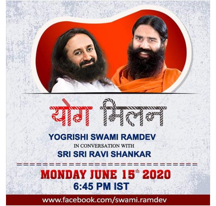 YogAayog_HRY's tweet photo. 6.45 PM LIVE
आज 15 June #MondayMotivation
शाम को 6:45 PM पर परम श्रद्धेय स्वामी जी महाराज @yogrishiramdev
और परम श्रद्धेय श्री श्री रविशंकर
@SriSri जी महाराज के फेसबुक पेज पर लाइव LIVE
दो महान विभूतियों के पावन सानिध्य में #ज्ञान_गंगा में आइए करेंगे स्नान
#YogaDiscourses https://t.co/R4fijeTPPc