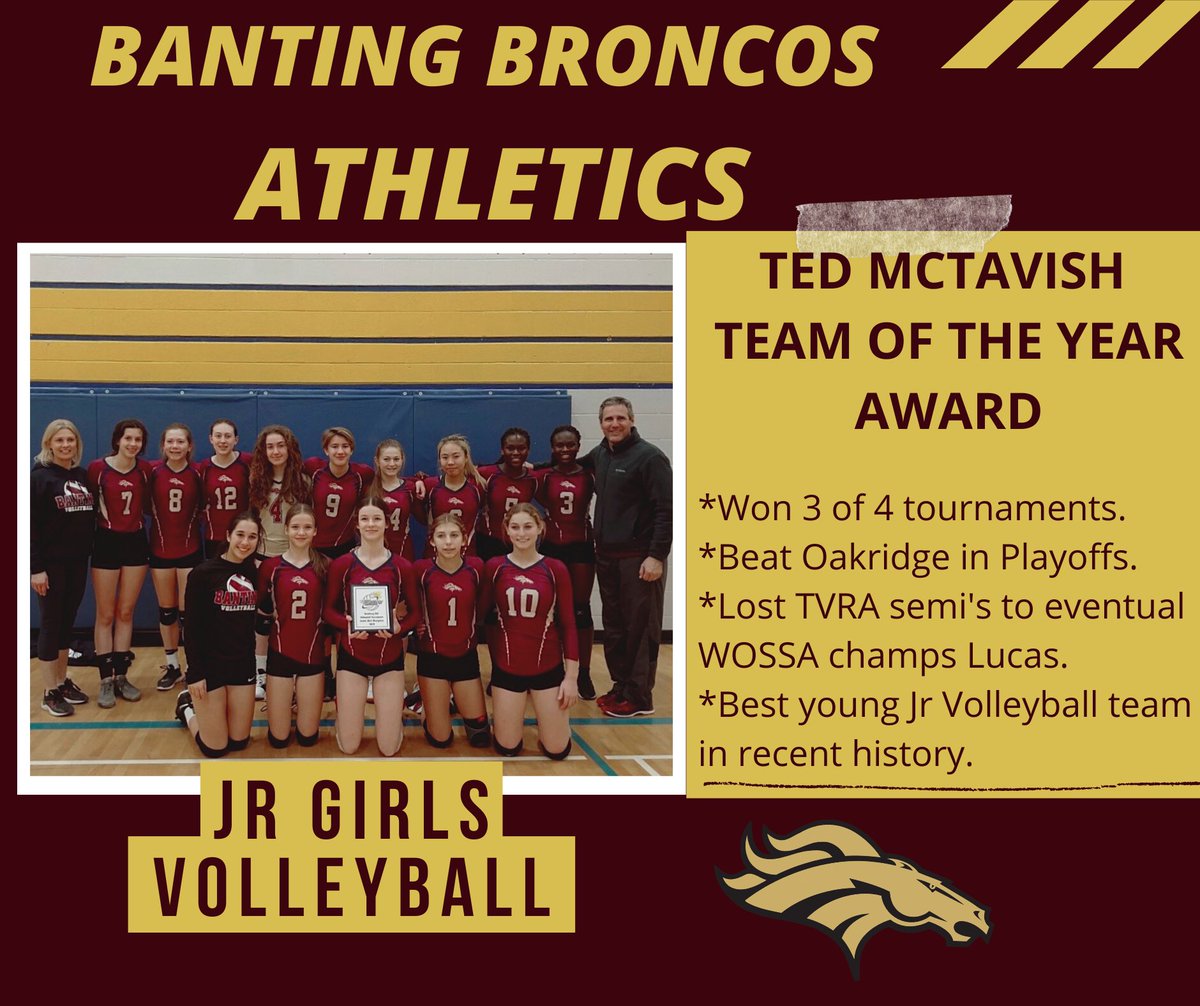 Congrats to the <a href="/bantingbroncos/">BantingBroncos</a> Jr Girls Volleyball team for winning the 2020 Banting McTavish Award, presented annually to the Bronco team that represents Banting Athletics with success, character and school spirit. What a great group of girls and coaches.