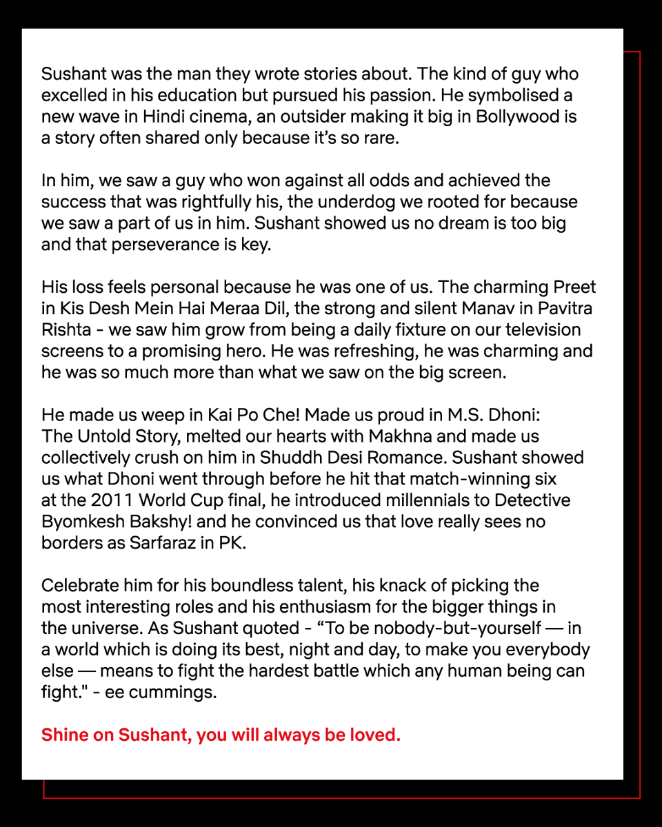 NetflixIndia's tweet photo. Shine on, Sushant Singh Rajput. https://t.co/5B3jKXBE4D