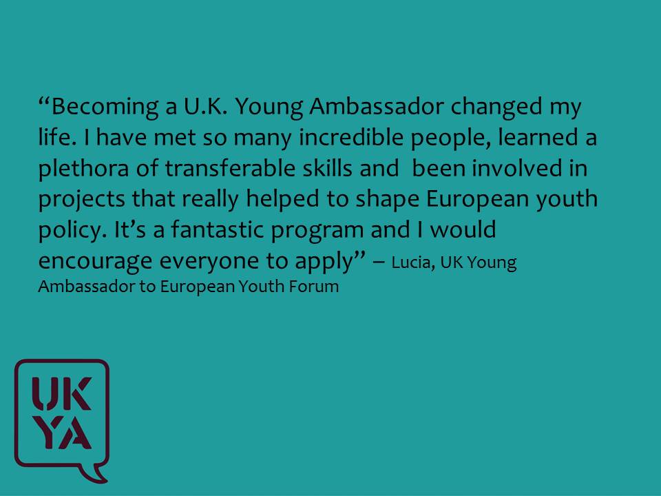 UKYA_live's tweet photo. Why should you stand to be a UK Young Ambassador?🙋‍♀️ Just ask Lucia, one of our current Ambassadors to the European Youth Forum🇪🇺 

For information on the role and how to apply go to 👇
https://t.co/e1u8JEVuye https://t.co/vGDyEgvUIs
