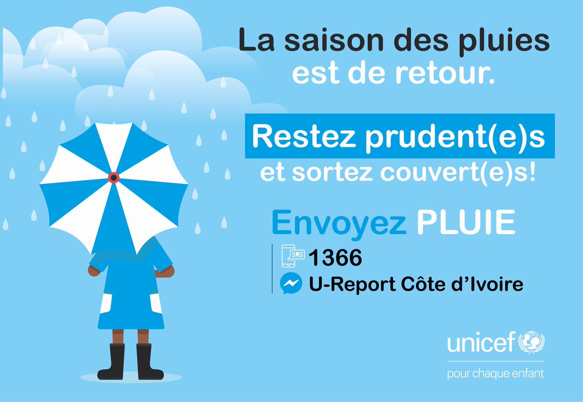 La saison des pluies est de retour. 💧 💧 

Restez prudents et informez-vous en envoyant PLUIE ici uni.cf/2vtP2fZ ou par SMS au 1366. 

C’est gratuit et votre geste peut sauver des vies.