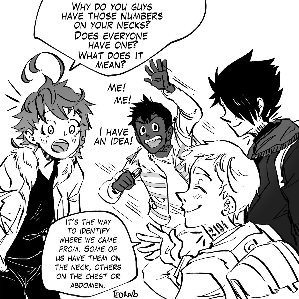 TeoraB's tweet photo. Me resulta irónico que la marca que los identificaba como condenados resulte parte de la identidad.

(mis) Extras ep181

izq-->der
Trad @shulishulai

#TPN #ThePromisedNeverland #yakusokunoneverland  
#고마웠어_약속의네버랜드  #約束のネバーランド https://t.co/p8OPiS9WFV