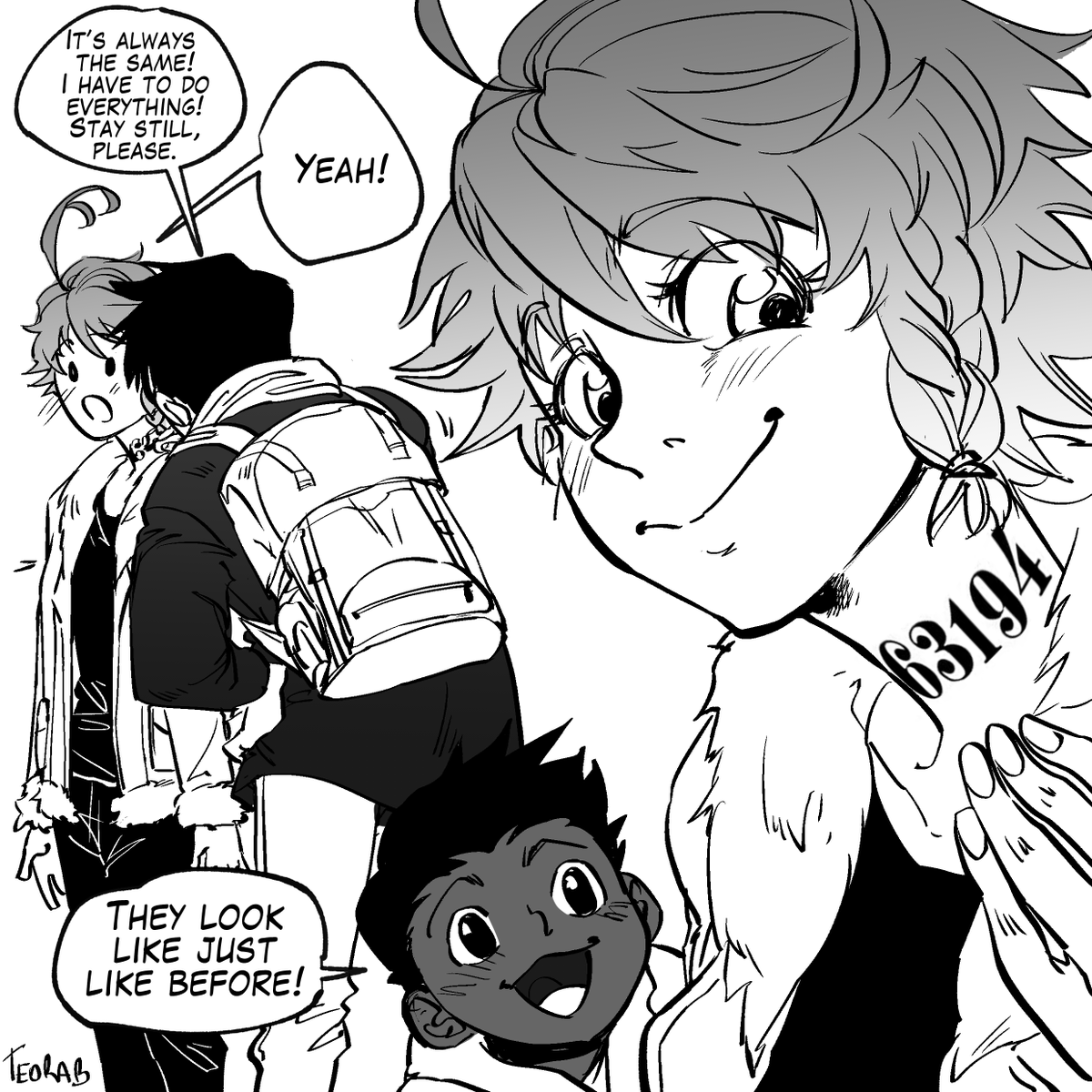 TeoraB's tweet photo. Me resulta irónico que la marca que los identificaba como condenados resulte parte de la identidad.

(mis) Extras ep181

izq-->der
Trad @shulishulai

#TPN #ThePromisedNeverland #yakusokunoneverland  
#고마웠어_약속의네버랜드  #約束のネバーランド https://t.co/p8OPiS9WFV