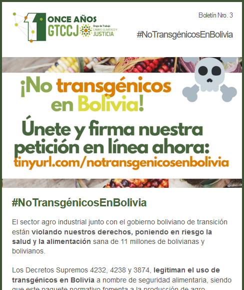 CCyJusticiaBoli's tweet photo. Lee nuestro nuevo boletín sobre #transgénicos en Bolivia: https://t.co/aUZXWp6FPA
Y suscríbete aquí al boletín del @CCyJusticiaBoli para recibir novedades sobre nuestros temas, eventos, publicaciones:
https://t.co/mShWkDwmjA
#NoTransgénicosEnBolivia 💪 #BoliviaLibreDeTransgénicos https://t.co/gURFK3zOXj