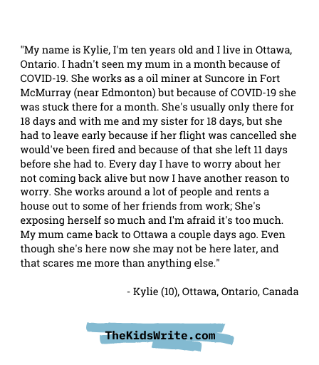 thekidswrite's tweet photo. "I hadn't see my mum in a month" - Kylie (10), Ottawa
https://t.co/BiTtlVvE3G https://t.co/cQjky2GzFM