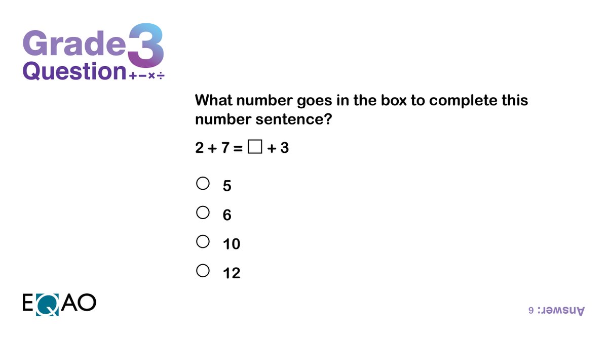 eqao's tweet image. Patterning and algebra!

Today’s question is from the mathematics component of our Grade 3 Assessment of Reading, Writing and Mathematics.  
#SupportStudentLearning