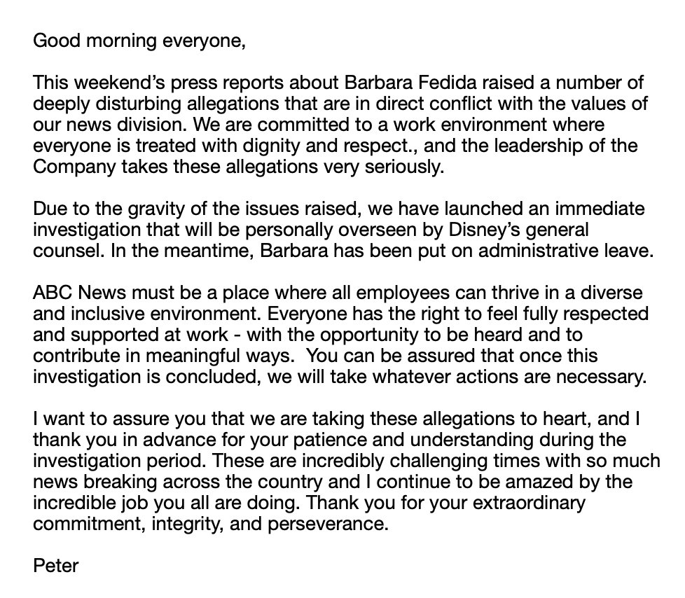 20. Peter Rice, The Chairman of Walt Disney Television and the co-chairman of Disney Media Networks (the parent company of ABC and ABC News), sent this email to ABC news employees this morning re the allegations in my story.
