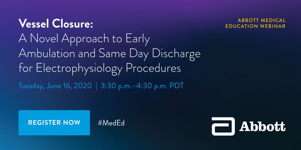 AbbottCardio's tweet image. Learn how to achieve early ambulation and same day discharge for patients undergoing A-Fib #ablation in an upcoming #CardioEd webinar on vessel closure with #Perclose ProGlide. 

Register to join the 6/16 session:
bit.ly/2zWhNEv  

Safety Info: 
bit.ly/2UbnrJt