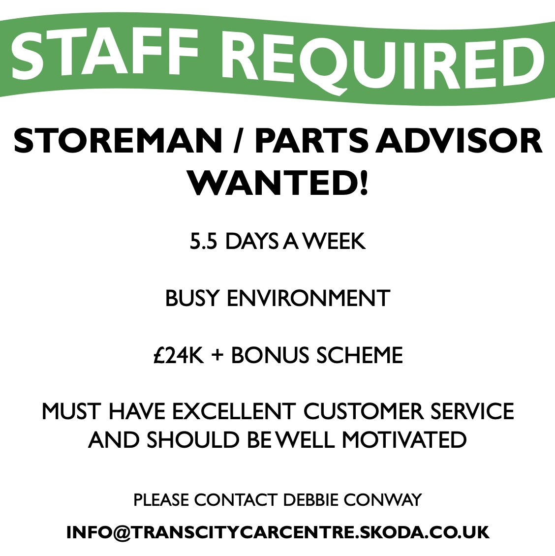 STAFF VACANCIES AT TRANS CITY SKODA!

Please contact Debbie Conway at info@transcitycarcentre.skoda.co.uk

#skoda #walthamstow #transcity #staff #vacancies