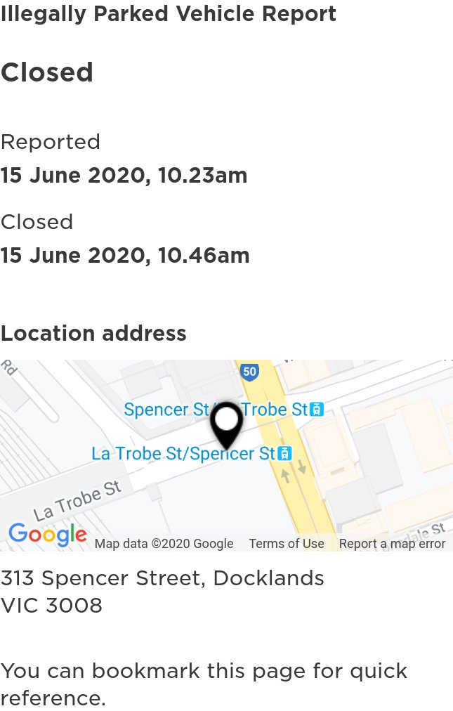 Illegal parking case marked as closed by  @cityofmelbourne after only 23 minutes... but no resolution indicated online, and no update received via email at all. @cityofmelbourne is adding 40km of new bike lanes, but how about looking after the ones you already have as well?