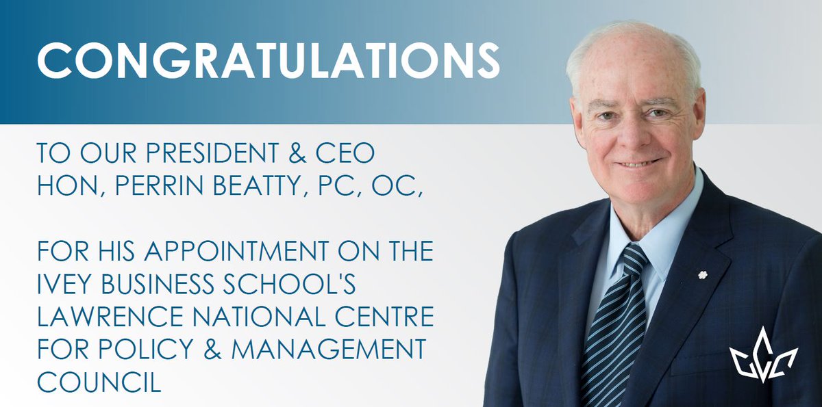 Congrats to our President &amp; CEO <a href="/PerrinBeatty/">Perrin Beatty</a> on his appointment to <a href="/iveybusiness/">Ivey Business School</a>'s Lawrence National Centre for Policy &amp; Management Council. He joins their newly appointed Chair, Stephen S. Poloz, in guiding evidence-based policy development. Learn more: chamber.ca/media/news-rel…