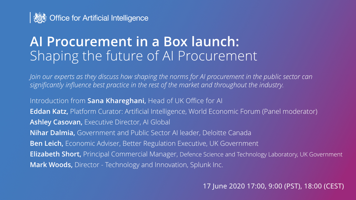 📣 VIRTUAL PANEL: Weds 17 June 5pm

AI experts join <a href="/eddankatz/">Eddan Katz</a> to discuss how shaping public sector AI procurement can influence best practice in the rest of the market and throughout the industry.

Email us &amp; we'll send you an invite ai-procurement-guidelines@officeforai.gov.uk