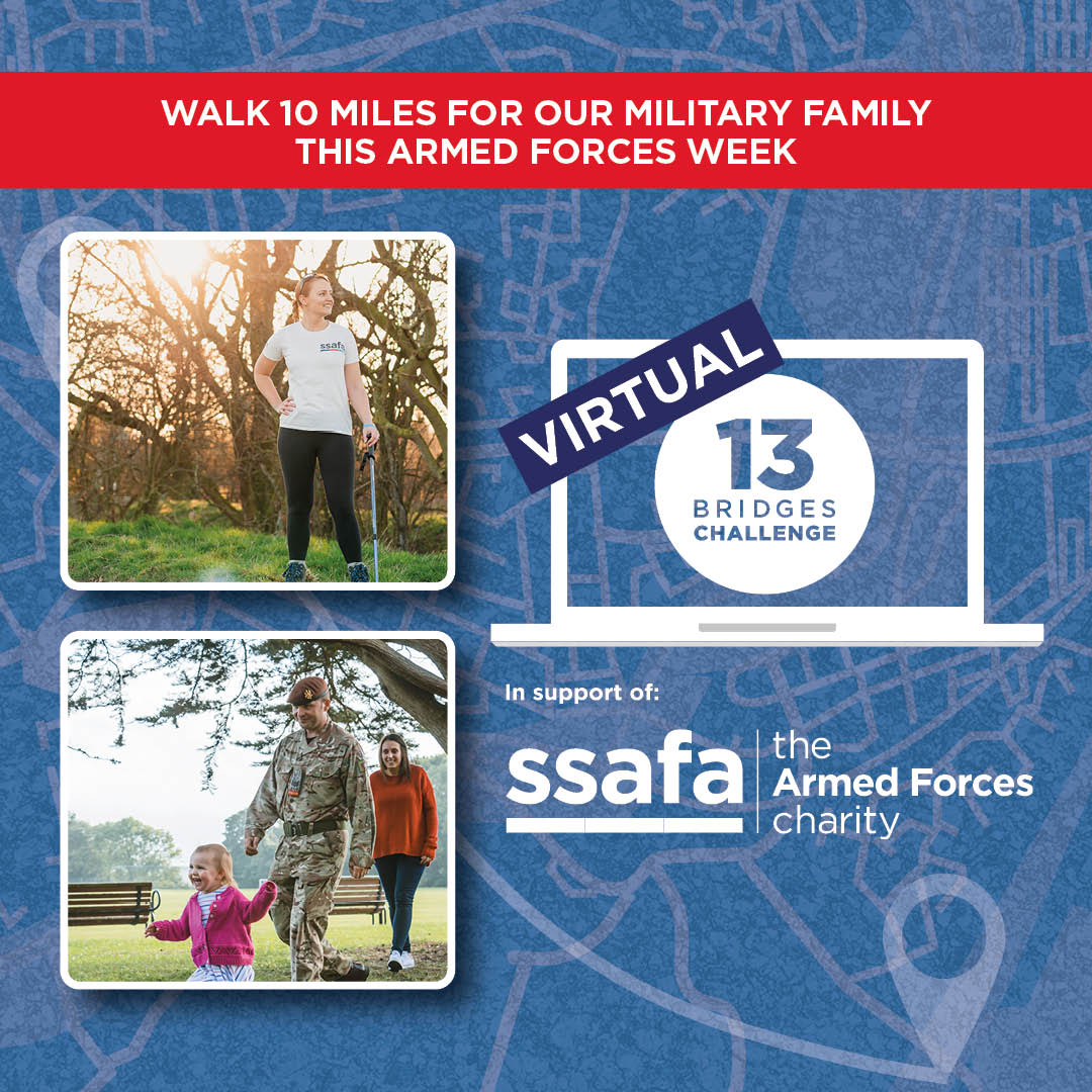 The <a href="/SSAFA/">SSAFA</a> 13 Bridges Walk Challenge is going virtual this year!

Walk 10 miles throughout #ArmedForcesWeek (22-27 June) to show your support for the Armed Forces Community.

To find more info head to: ow.ly/I4zf50A1vkX