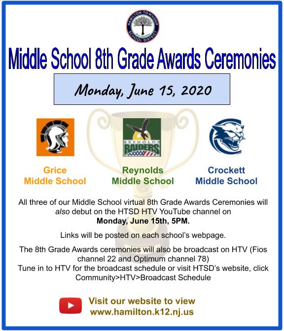 Premiere TONIGHT, June 15th, 5 PM
HTSD 8th Grade Awards Ceremonies

For more info &amp; YouTube links, visit our webpage: tinyurl.com/y9uqftul

<a href="/ScottRRocco/">Scott Rocco, Ed.D.</a> <a href="/HTSDSecondary/">Jim Altobello</a> <a href="/oboylejf/">Jim O'Boyle</a> 
<a href="/HTSD_Grice/">Grice Middle School</a> <a href="/HTSD_Reynolds/">Reynolds Middle School</a> <a href="/HTSD_Crockett/">Crockett Middle School</a> 
<a href="/ClarkeHolmes16/">Roxann Clarke-Holmes, Ed.D.</a> 
#HTSD #HTSDPride #OneHamilton