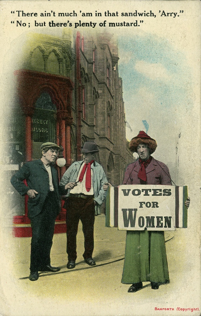 Anti-women's suffrage propaganda focuses on both suffragettes and a hypothetical world where women have the vote. In both of these, women are consistently depicted as masculine, or as men. Take a look at these. Note the explicit reference to the 'masculine woman'. 5/