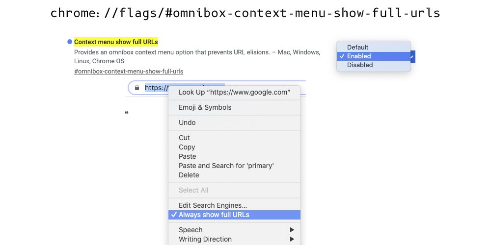 alexcroox's tweet image. Tip to always see the full URL when Chrome 85 hides everything except the root domain: chrome://flags/#omnibox-context-menu-show-full-urls. Don't forget to right click the address bar after relaunch to enable.