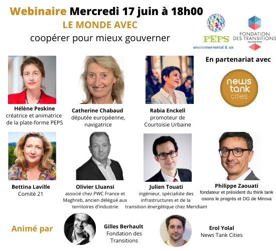 [#lemondedapres] 🔊 Participez au Webinaire le 17 juin à 18h00 sur "Le Monde avec... coopérer pour mieux gouverner" organisé par <a href="/PEPS_Plateforme/">PEPS - Environnemental & Social 🌍</a> <a href="/Transitionneurs/">𝗙𝗼𝗻𝗱𝗮𝘁𝗶𝗼𝗻 𝗱𝗲𝘀 𝗧𝗿𝗮𝗻𝘀𝗶𝘁𝗶𝗼𝗻𝘀</a> en partenariat @NTCitie avec  <a href="/Bettina_Laville/">Bettina Laville</a> 
👉bit.ly/3d17Cf1