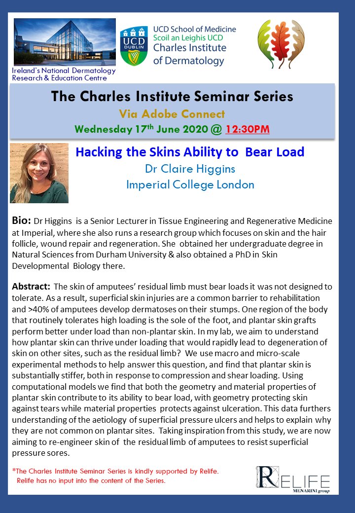 CharlesUCD's tweet photo. Our final talk of this years seminar series is Wed 17th June at later time of  1230PM, with guest speaker Prof Claire Higgins. Talk will be live-streamed via Adobe Connect. If you would like to watch the webinar email: charles@ucd.ie #woundhealing #Tissueregeneration https://t.co/FVEnoopWVW