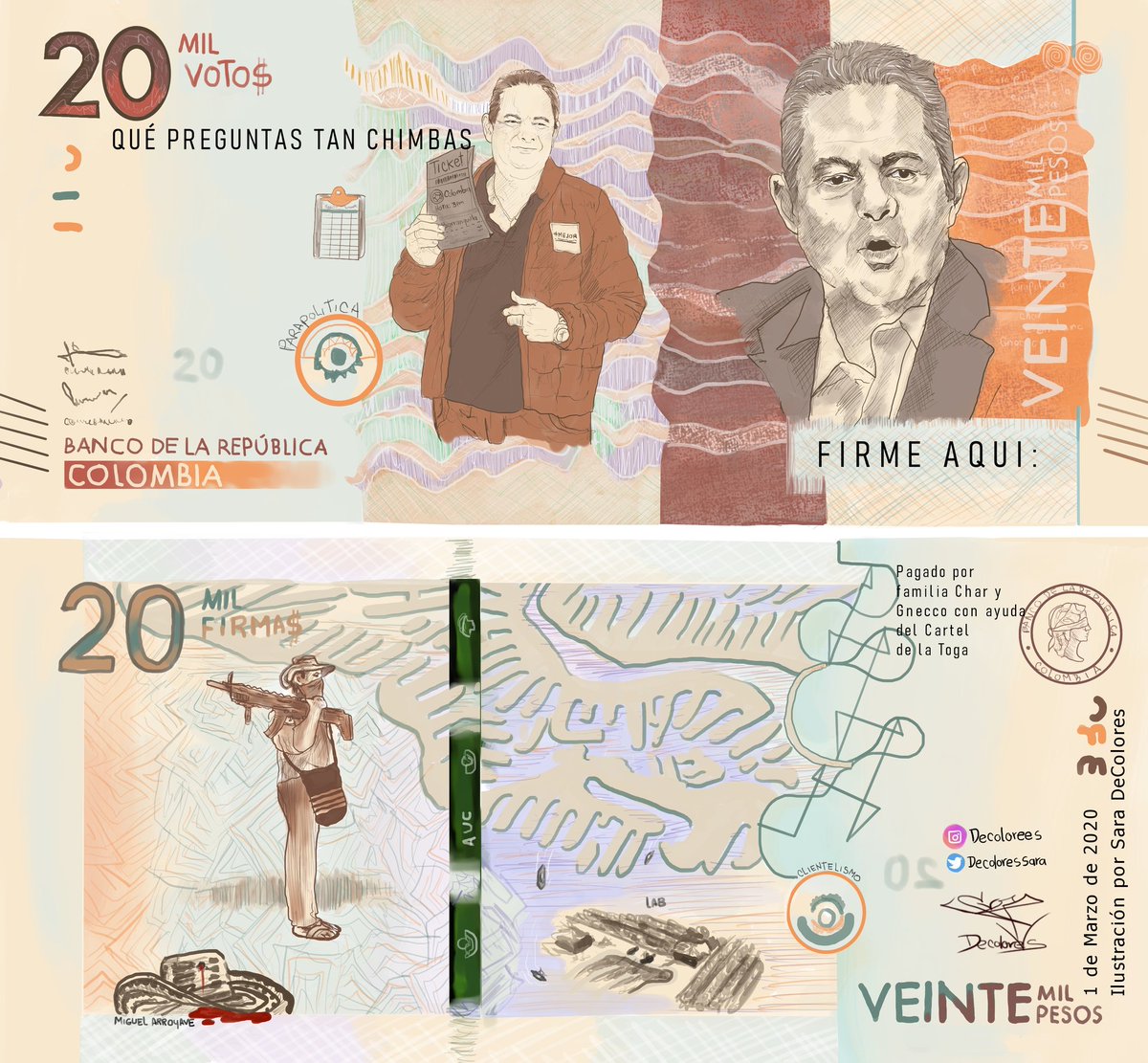 Santialarconu's tweet photo. ¡Buenos Días Twitter! 
Les dejo billetes para el día sin IVA.
Obra de:  Sara De Colores https://t.co/6vqhk397dC
#DiaSinIVA https://t.co/bA30dXeKUB