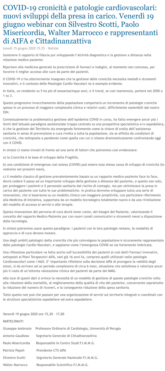 fimmgnotizie's tweet photo. COVID-19 cronicità e patologie cardiovascolari: nuovi sviluppi della presa in carico. Venerdì 19 giugno webinar con Silvestro Scotti, Paolo Misericordia, Walter Marrocco e rappresentanti di AIFA e Cittadinanzattiva - Leggi FimmgNotizie di oggi https://t.co/YGcv53QLfG https://t.co/VIruFbtMgw